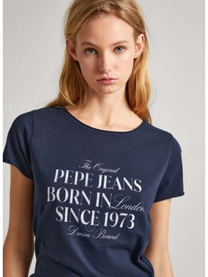 Pepe Jeans Bisiklet Yaka Baskılı Lacivert Kadın T-Shirt PL505822