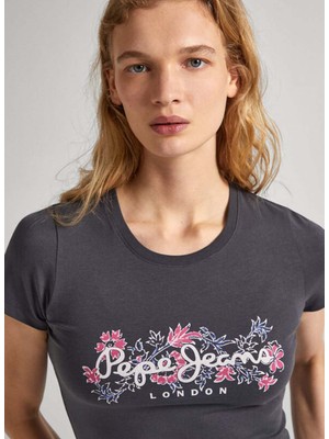 Pepe Jeans Bisiklet Yaka Baskılı Koyu Gri Kadın T-Shirt PL505834