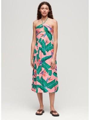 Superdry Klasik Yaka Desenli Pembe Uzun Kadın Elbise W8011660A