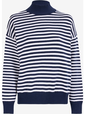 Jeep Dik Yaka Loose Fit Çizgili Lacivert - Beyaz Kazak Kadın C4WL-KZK4813