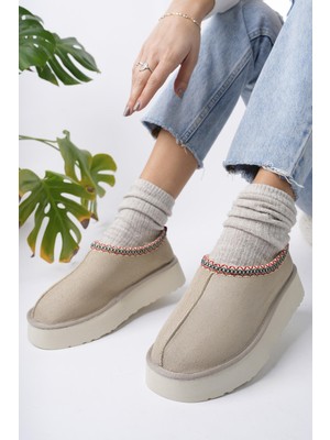 Muggo Ling Garantili Kalın Taban Içi Tüylü Yuvarlak Burunlu Kadın Terlik