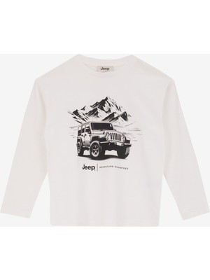 Jeep Beyaz Erkek Çocuk Bisiklet Yaka Relaxed Fit Baskılı Uzun Kollu T-Shirt C4WB-TST4689