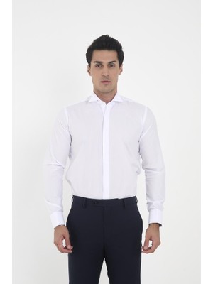 Brianze Beyaz Ata Yaka Damatlık Slim Fit Gömlek ( Kol Düğmesi Hediye ) S