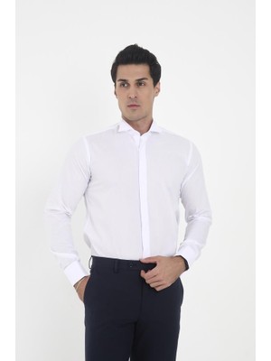 Brianze Beyaz Ata Yaka Damatlık Slim Fit Gömlek ( Kol Düğmesi Hediye ) S