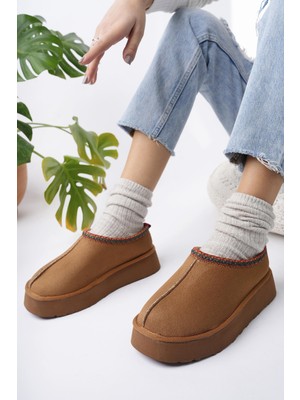 Muggo Ling Garantili Kalın Taban Içi Tüylü Yuvarlak Burunlu Kadın Terlik