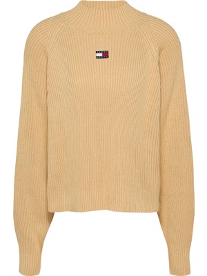 Tommy Jeans Dik Yaka Standart Nakışlı Bej Kazak Kadın Tjw Badge Mockneck Sweater