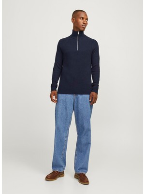Jack & Jones Dik Yaka Regular Fit Lacivert Erkek Kazak 12258473_JJPANNEL Knıt Half Zıp Aw2