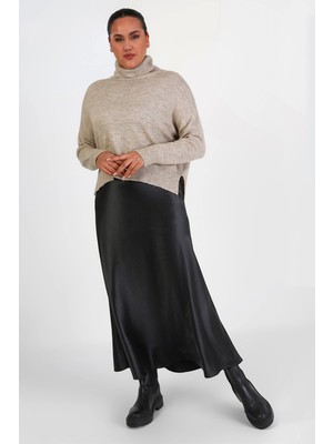 Lady Majestic Büyük Beden Lastikli Fermuarlı Saten Kloş Uzun Etek