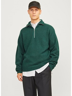 Jack & Jones Dik Yaka Relaxed Koyu Yeşil Erkek Kazak 12241817_JOROLLIE Knıt Half Zıp Sn