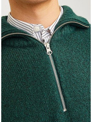 Jack & Jones Dik Yaka Relaxed Koyu Yeşil Erkek Kazak 12241817_JOROLLIE Knıt Half Zıp Sn