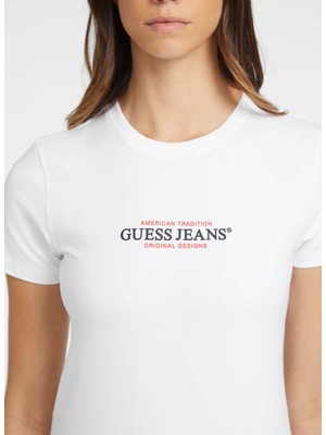 Guess Jeans Klasik Yaka Beyaz Kadın T-Shirt Gj Ss Cn Slım Amerıc - Mıd Organıc