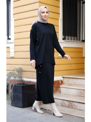 Pamuk Butik Kadın Merserize Düğme Detaylı Etekli Ikili Triko Takım -PMK349