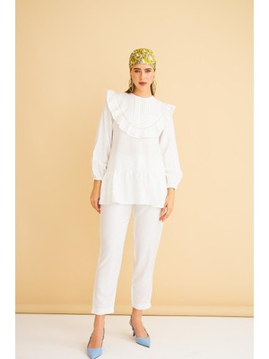 Luxe Fırfırlı ve Taşlı Keten Ekru Tunik Pantolon Takım