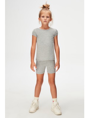 Gri Basic Kız Çocuk Sıfır Yaka Karpuz Kol Tişört