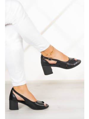 Erkan Saçmacı Karina Siyah  Deri Klasik Topuklu Ayakkabı
