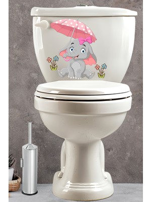 Echo Home Pembe Şemsiyeli Sevimli Minik Fil Klozet Sticker Banyo Sticker