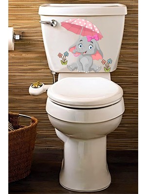 Echo Home Pembe Şemsiyeli Sevimli Minik Fil Klozet Sticker Banyo Sticker