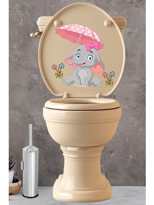 Echo Home Pembe Şemsiyeli Sevimli Minik Fil Klozet Sticker Banyo Sticker