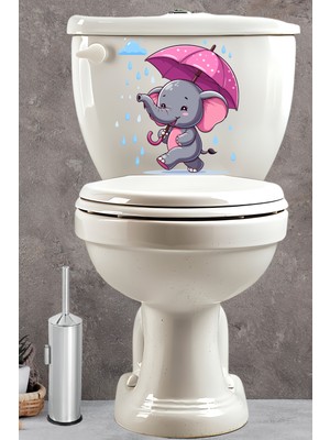 Echo Home Yağmur ve Pembe Şemsiyeli Minik Sevimli Fil Klozet Sticker Banyo Sticker