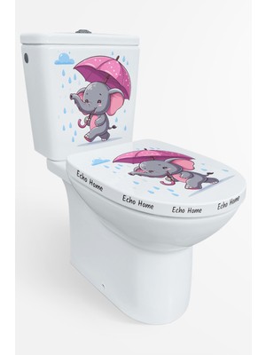 Echo Home Yağmur ve Pembe Şemsiyeli Minik Sevimli Fil Klozet Sticker Banyo Sticker