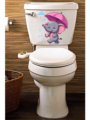 Echo Home Yağmur ve Pembe Şemsiyeli Minik Sevimli Fil Klozet Sticker Banyo Sticker