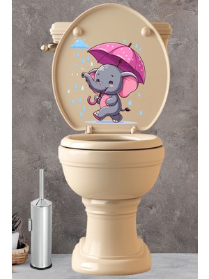 Echo Home Yağmur ve Pembe Şemsiyeli Minik Sevimli Fil Klozet Sticker Banyo Sticker