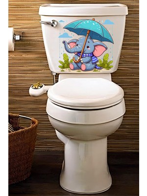 Echo Home Yağmur Altında Şemsiyeyle Oturan Sevimli Fil Temalı Klozet Sticker Banyo Sticker