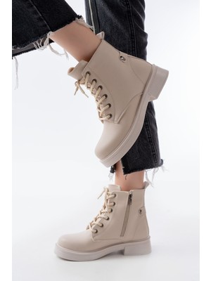Bej Galata Bağcıklı Fermuarlı Günlük Kadın Bot Bayan BOT37653