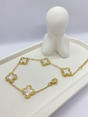 Lucky Be Collection Lucky B&e Ince Zincirli Beyaz Beş Yonca Çelik Bileklik Gold