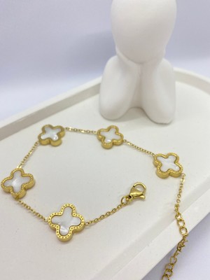 Lucky Be Collection Lucky B&e Ince Zincirli Beyaz Beş Yonca Çelik Bileklik Gold