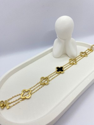 Lucky Be Collection Lucky B&e Üç Zincirli Siyah Beş Yonca Çelik Bileklik Gold