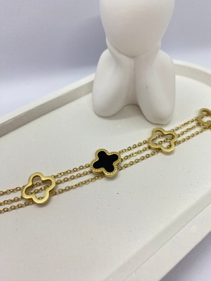 Lucky Be Collection Lucky B&e Üç Zincirli Siyah Beş Yonca Çelik Bileklik Gold