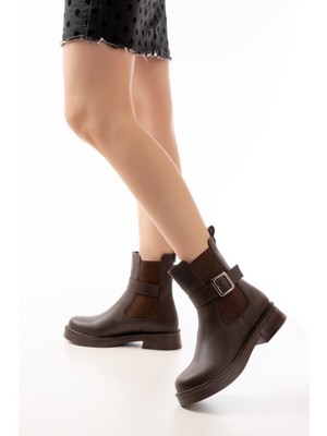 Kahverengi Toka Aksesuarlı Lastikli Günlük Kadın Bot Bayan BOT38018