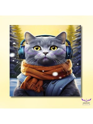 Abart Art Tekli Kare Kanvas Çocuk Odası Müzik Dinleyen Kedi Tasarımı