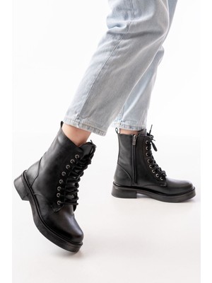 Arda 02-356 Siyah Düz Topuklu Bağcıklı Fermuarlı Günlük Kadın Bot