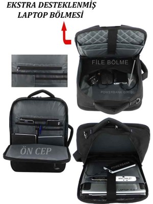 Case Club 1407 Kapiton Laptop Sırt El ve Omuz Çantası 15,6'' USB Aparatlı Omuz Askılı Su Geçirmez Kumaş