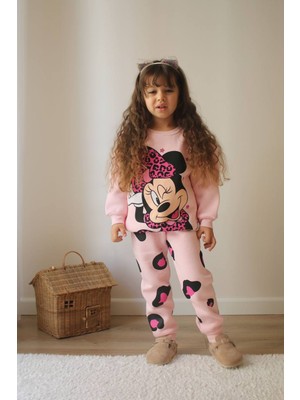 Sacro Kids Pembe Minnie Mouse Baskılı Eşofman-Sweatshirt 3 Iplik Şardonlu Kışlık Kız Çocuk Takım