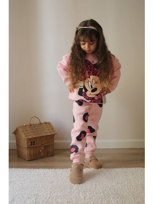 Sacro Kids Pembe Minnie Mouse Baskılı Eşofman-Sweatshirt 3 Iplik Şardonlu Kışlık Kız Çocuk Takım