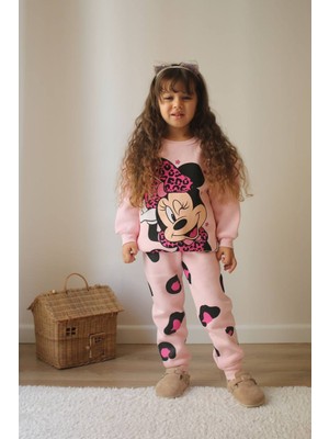 Sacro Kids Pembe Minnie Mouse Baskılı Eşofman-Sweatshirt 3 Iplik Şardonlu Kışlık Kız Çocuk Takım