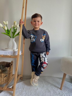 Sacro Kids Antrasit Paw Patrol Baskılı Eşofman-Sweatshirt 3 Iplik Şardonlu Kışlık Erkek Çocuk Takım