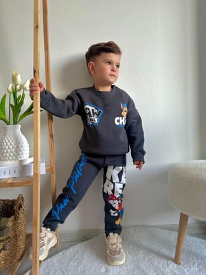 Sacro Kids Antrasit Paw Patrol Baskılı Eşofman-Sweatshirt 3 Iplik Şardonlu Kışlık Erkek Çocuk Takım