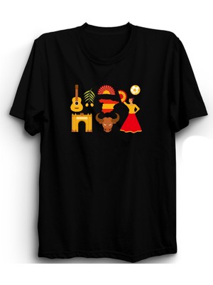 Ispanya, Karışık Figürler, Boğa, Flemengo, Spain, Mixed Figures, Bull Siyah  Pamuk Tişört