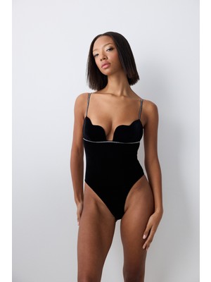 Penti Heart Cup Velvet Siyah Bodysuit