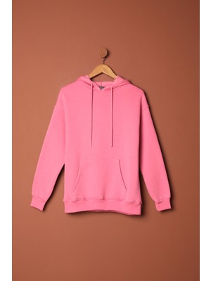 Velora Moda Üç Iplik Kumaş Kanguru Cep Kapüşonlu Kadın Pembe Sweat