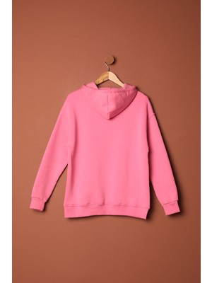 Velora Moda Üç Iplik Kumaş Kanguru Cep Kapüşonlu Kadın Pembe Sweat