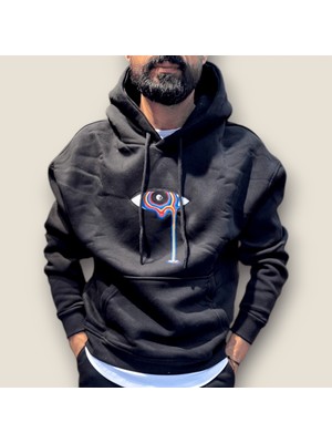 Viento Siyah Renk Nakış Baskılı Kanguru Cepli Kapüşonlu Sweatshirt