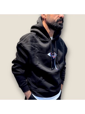 Viento Siyah Renk Nakış Baskılı Kanguru Cepli Kapüşonlu Sweatshirt