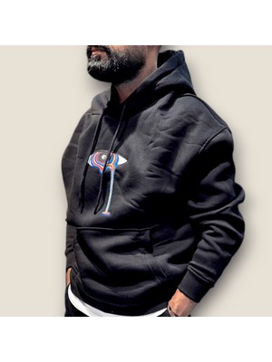 Viento Siyah Renk Nakış Baskılı Kanguru Cepli Kapüşonlu Sweatshirt