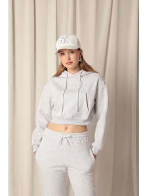 Velora Moda Üç Iplik Kumaş Kapüşonlu Kısa Kadın Gri Sweat