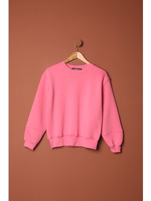 Velora Moda Üç Iplik Kolu Çimalı Sıfır Yaka Kadın Pembe Sweat